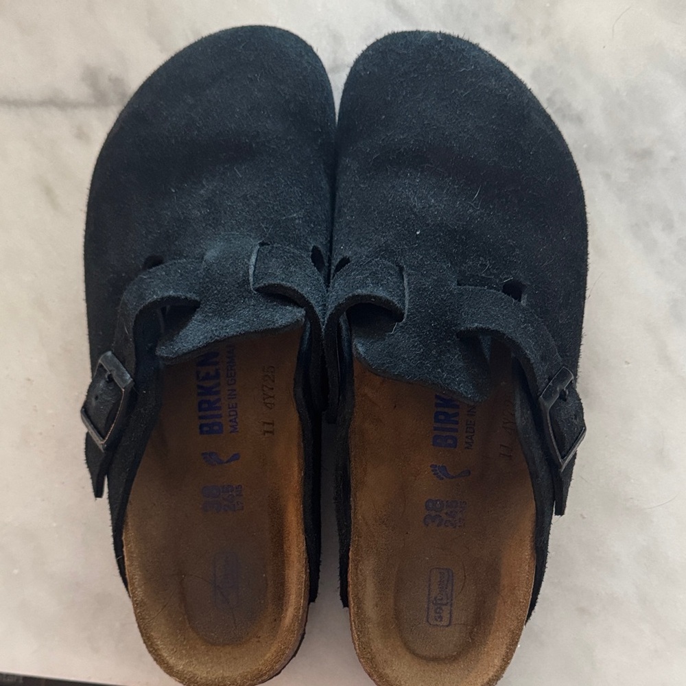 Black Boston soft footbed suede leather Birkenstocks